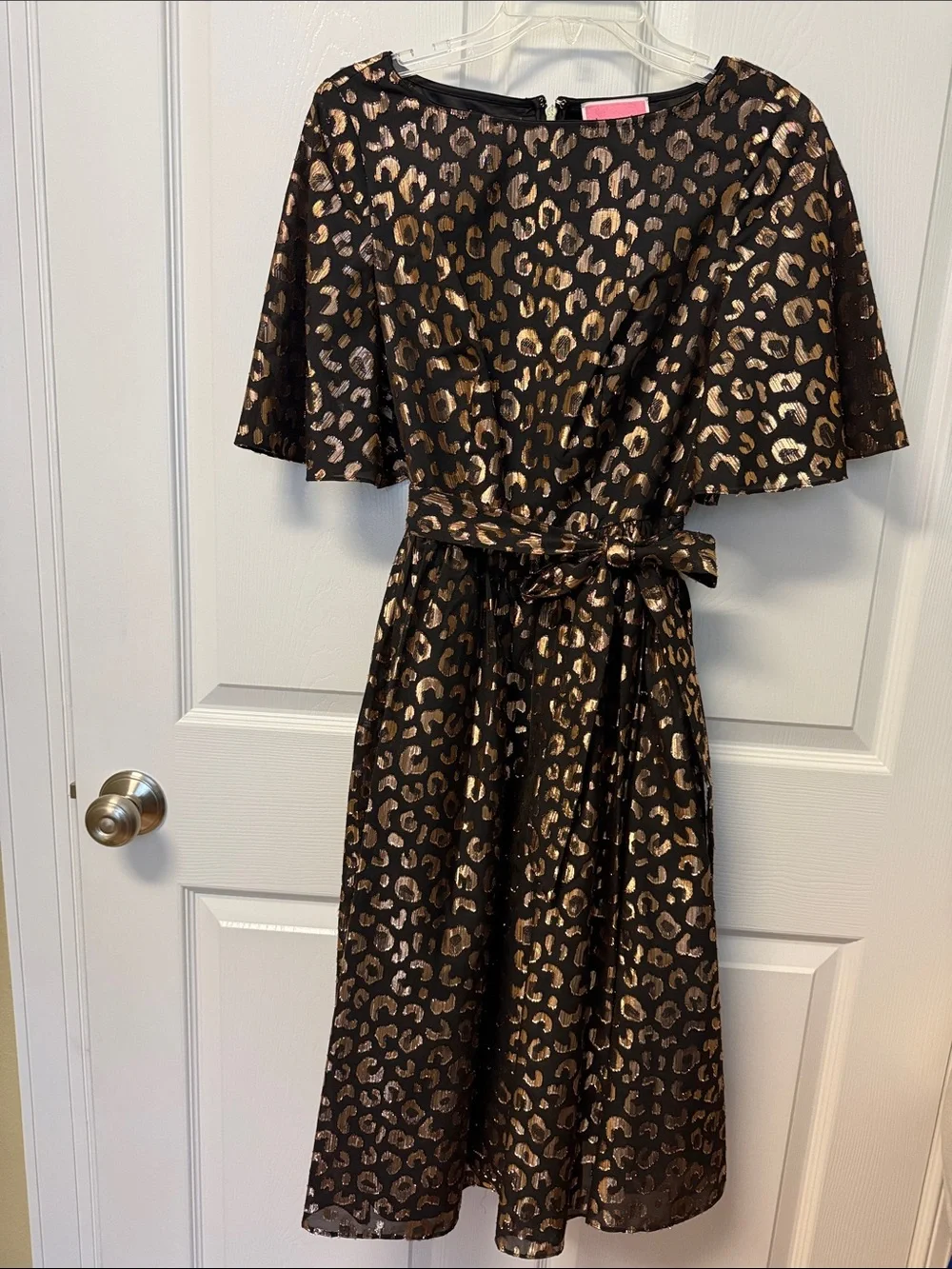 Kate Spade Metallic Leopard Print Midi Dress with Tie Waist